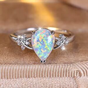 Sterling Silver Pear Opal Ring - White Opal Teardrop